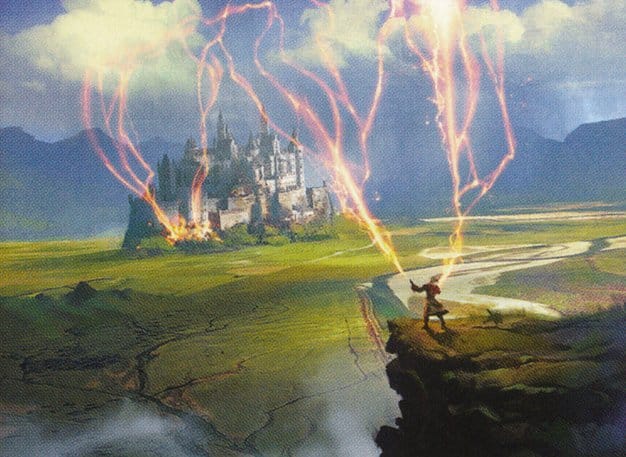 A wizard shoots magical lightning at a castle town from a cliff's lip.