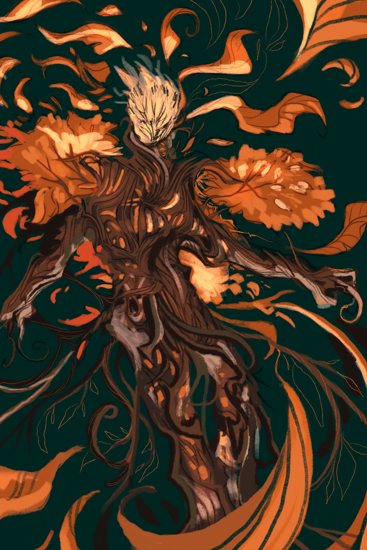 An illustration of a tree-person with vibrant orange leaves. They are standing while leaves swirl around them.