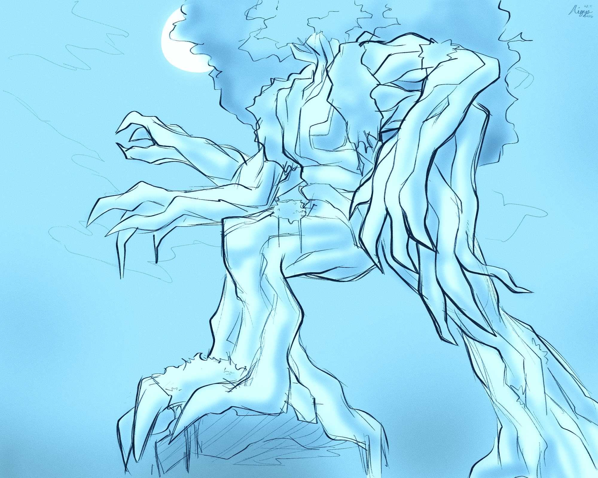 An illustration of a tree with legs and four arms. They are standing with one foot propped up on a rock. A celestial body shines in the background.