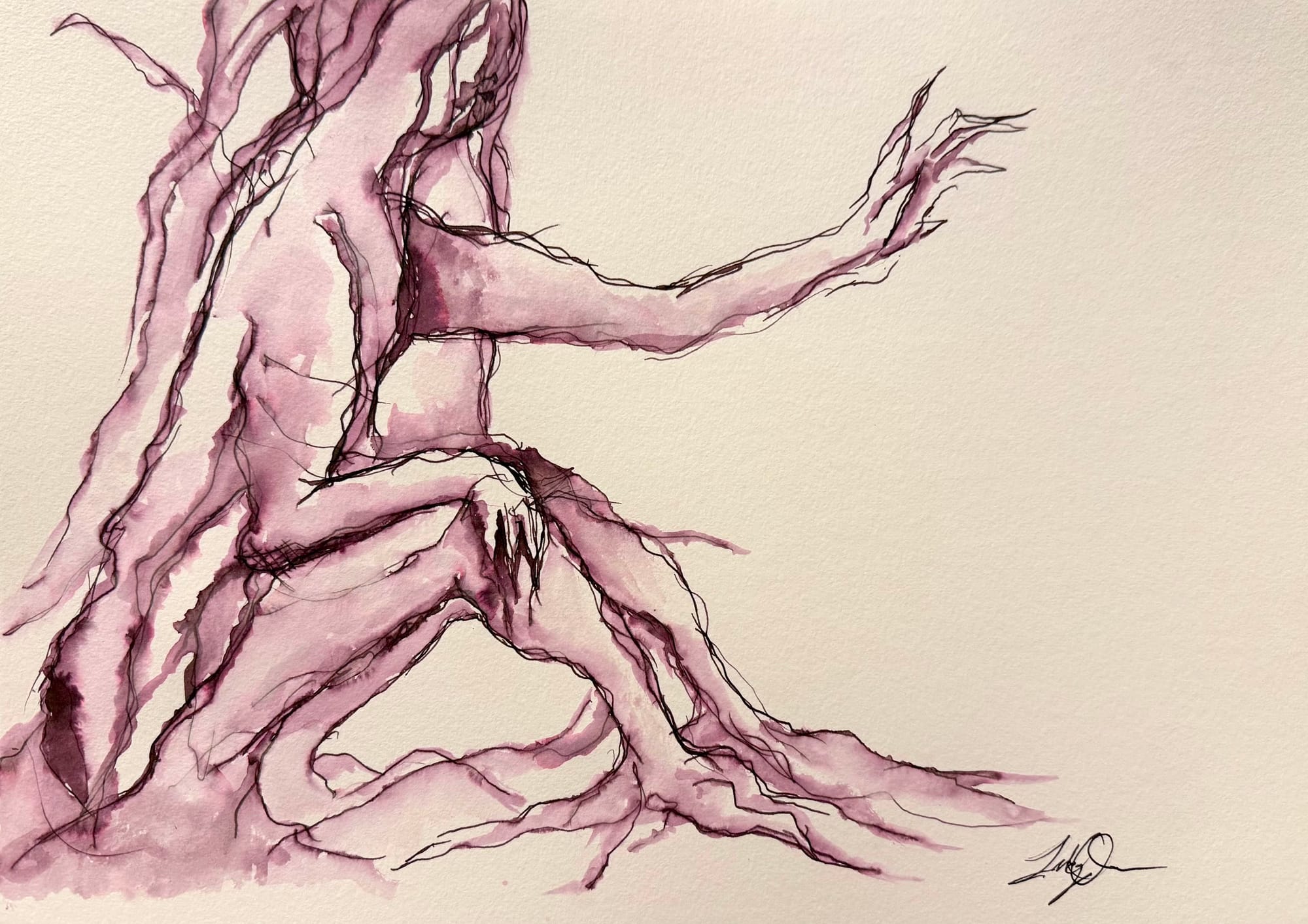 An illustration of a tree with discernible arms and legs. It is sitting with its right hand rested on it's right knee, and it's left hand reaching out.