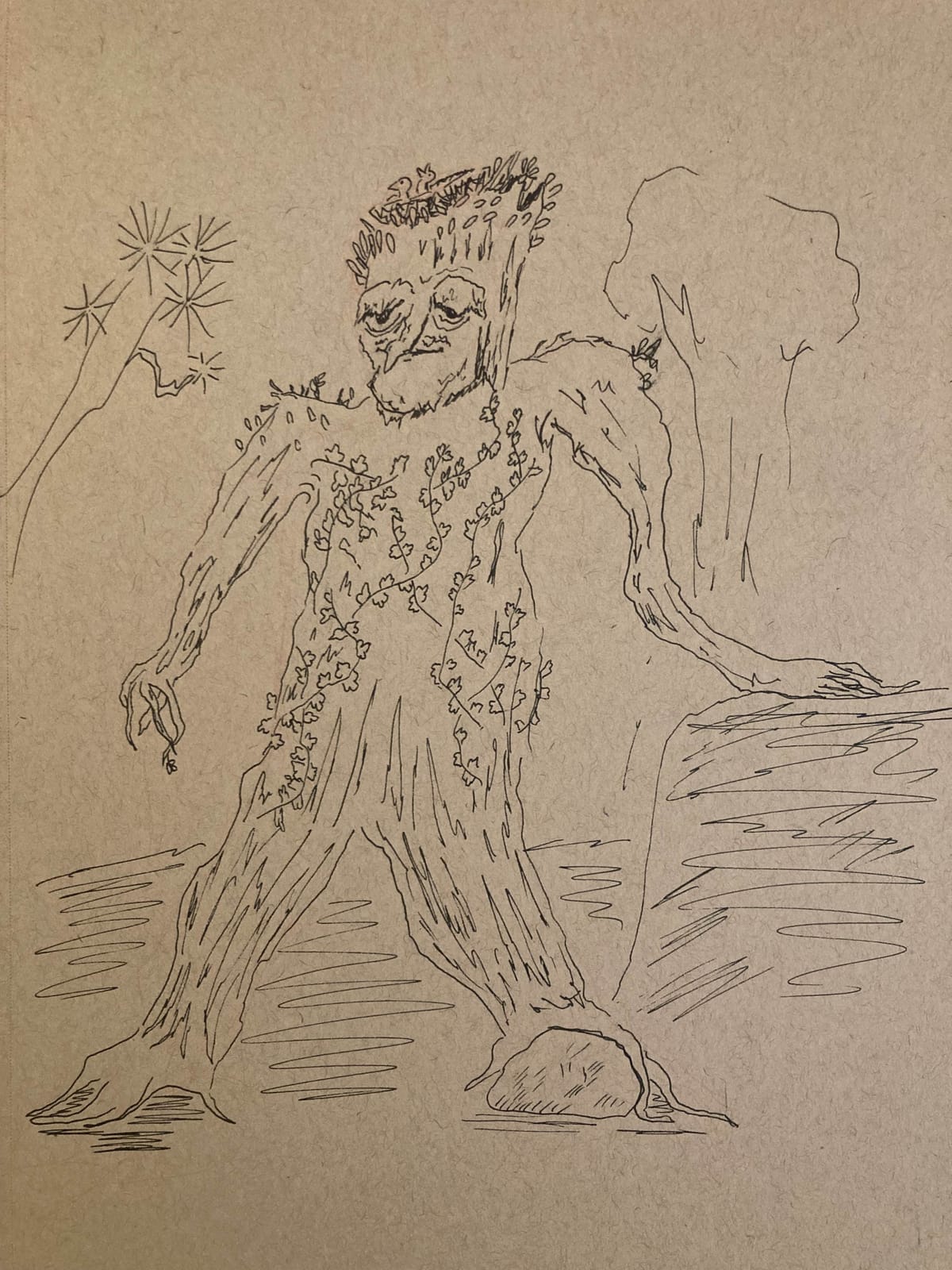 An ink pen drawing of a tree-man with discernible face, arms, and legs. He stands with one hand resting on a rock next to him.