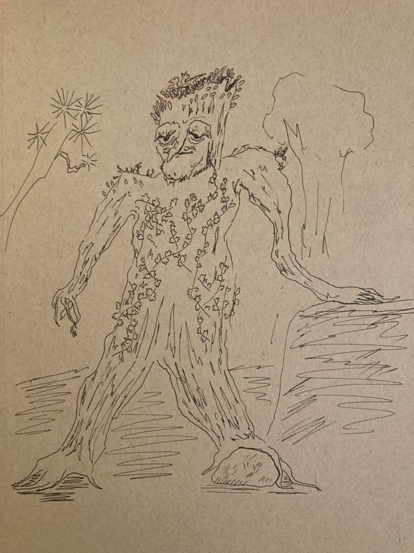 An ink pen drawing of a tree-man with discernible face, arms, and legs. He stands with one hand resting on a rock next to him.